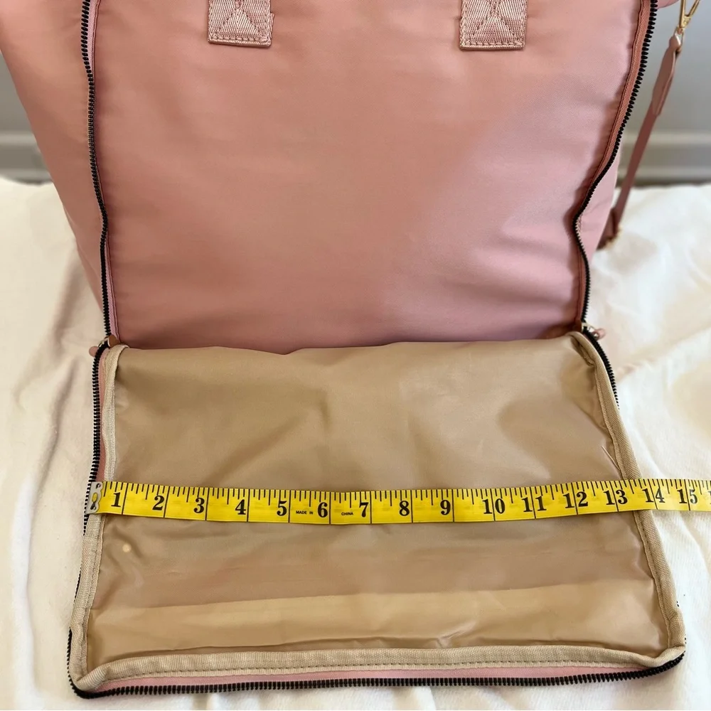Pink soft padded nylon overnight laptop tote w/ double handle & adjustable strap